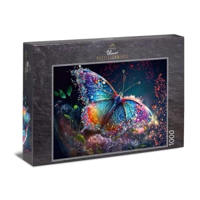 Afbeelding van Ulmer Puzzleschmiede Vlinderpuzzel Morgendauw 1000 stukjes puzzel met filigraan glinsterende contouren fantasierijke vlinder puzzelkwaliteit Made in Germany