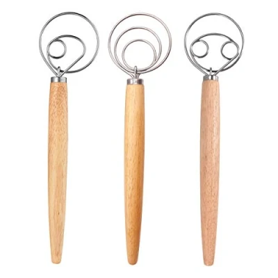 Afbeelding van Deense deeggarde set, DBAILY 3 stuks eierklopper met houten handvat professionele roestvrij staal voor keuken bakken cake dessert zuurdesem pizza