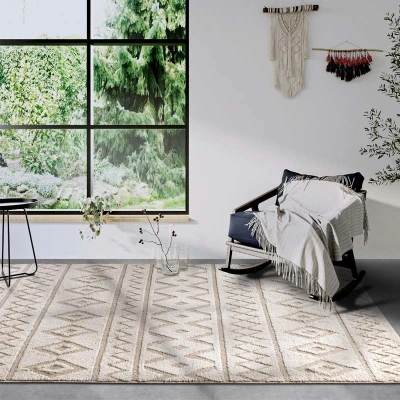 Afbeelding van Elle Decor ation Itinerance Hoogpolig tapijt, modern woonkamertapijt, shaggy, patroon, wollig, zacht, voor woonkamer, slaapkamer, tienerkamer, beige, 80 x 240 cm