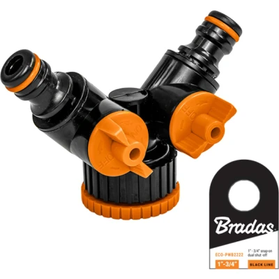 Afbeelding van Bradas BLACK LINE T stuk met twee kleppen, 1&quot; 3/4&quot; vrouwelijk verdeler tweeweg waterverdeler