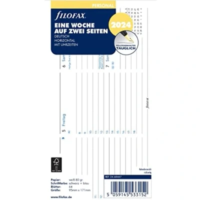 Afbeelding van FILOFAX Agendavulling Personal 1 week op 2 pagina&#039;s. Horiz.(Duits) 2024, 8,99