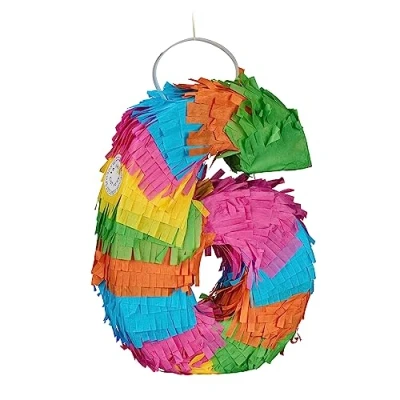 Afbeelding van Relaxdays mini pinata cijfer 6 party verjaardag jublieum kleurrijk leeg