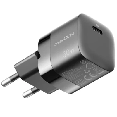 Afbeelding van deleyCON USB C Oplader (Compacte 30 W Snellader) Voedingsadapter voor Apple iPhone 16, 15, Pro, Pro Max, iPad, Airpods 4, Horloge, Samsung Galaxy S24/S23, Mobiele Telefoon Zwart