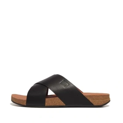 Afbeelding van FitFlop Men iQushion Leather Cross Slides Black Schoenmaat 43