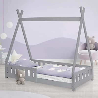 Afbeelding van ML Design kinderbed tipi 80x160 cm lichtgrijs met uitvalbeveiliging en lattenbodem, grenen hout, indianenbed van massief hout voor meisjes jongens, huisbed hek kinderhuisje jeugdbed speelbed tent