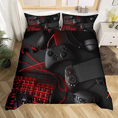 Afbeelding van Loussiesd dekbedovertrek voor gamepad, beddengoedset met jonge scifi stijl gameconsole, coole tieners, jongens, speler, videogamecontroller, spreihoes
