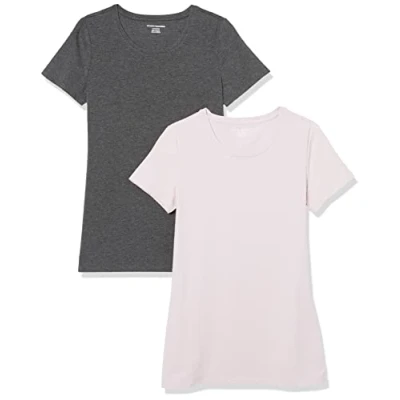 Afbeelding van Amazon Essentials Women&#039;s T shirt met korte mouwen en ronde hals in klassieke pasvorm, Pack of 2, Houtskoolzwart/Lichtpaars, S
