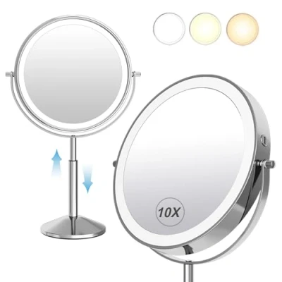 Afbeelding van TUSHENGTU 9&quot; Vergrootglas make up spiegel met LightLED Oplaadbaar 3000mAh, 10x in hoogte verstelbare scheerspiegels vrijstaande bureau kapspiegel chroom (940C10X)