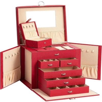 Afbeelding van Sieradendoos, groot, afsluitbaar, 5 niveaus met laden spiegel, voor ringen, oorbellen, halskettingen en armbanden, elegant klassiek rood