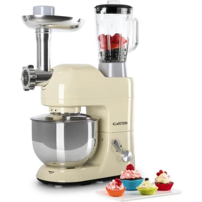 Afbeelding van Klarstein Lucia Keukenmachine 3 In 1: Mengmachine Blender / Vleesmolen 2000 Watt 2,7 Ps 5.2 Liter Roestvrijstalen Kom 1.5 6 Standen Pulse Functie Menghaak Kneedhaak Garde Spatbescherming BPA Vrij Crème