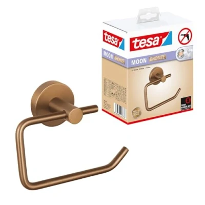 Afbeelding van tesa MOON Toiletpapierhouder van Geborsteld Brons Zelfklevende Rolhouder Zonder Deksel, Gemaakt PVD gecoat Metaal Boren, incl. Kleefoplossing 99 mm x 140 53