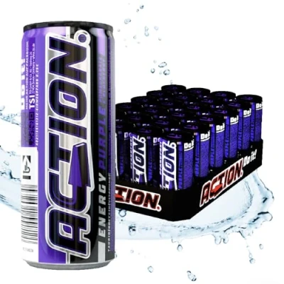 Afbeelding van ACTION Energy Drink Purple (48 x 250 ml) incl. borg verfrissende drank met granaatappel bosbessen smaak energiekick verhoogd cafeïnegehalte 32 mg/100 ml cafeïne, verbeterde prestaties