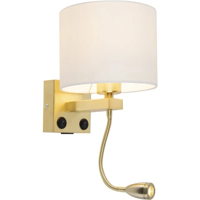 Afbeelding van QAZQA Gouden wandlamp USB met witte kap Brescia Combi