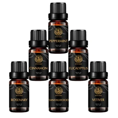 Afbeelding van Aromatherapie sandelhout etherische olieset voor diffusor, 100% pure rozemarijn oliën thuis, 6 x 10 ml therapeutische kwaliteit vetiver oliën, set pepermunt, eucalyptus, kaneeloliën, het maken van kaarsen