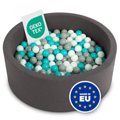 Afbeelding van Selonis Soft Ball Pit Pool 90X30cm/200 Ballen Rond Voor Baby Peuter Schuim, Donkergrijs: Grijs/Wit/Turkoois