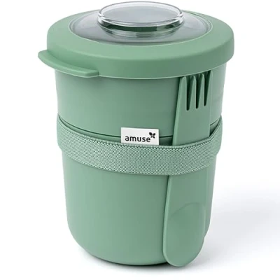 Afbeelding van Amuse Tylla Sage Morning &amp; Noon Bowl met Spork en Rekker Transparant Tritan Deksel Voor onderweg Lekvrij Groen 150 + 450 ml
