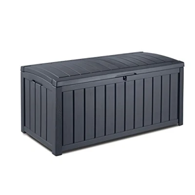 Afbeelding van Keter Glenwood Kussenbox, 390 liter volume, waterdicht, grafiet, houtlook, zitbank voor 2 volwassenen, 128 x 65 61 cm, tuinbox