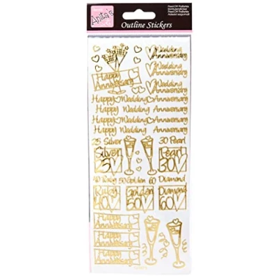 Afbeelding van Anitas Outline Stickers, huwelijksverjaardag, goud op wit, voor scrapbooking, kaarten maken, kinderspel, huiswerk, kunst, ambacht, verfraaien, decoratief, papier, kaart, glas, metaal, kunststof,