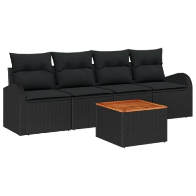 Afbeelding van vidaXL 5 delige tuinsofa set met kussens zwart poly rattan acacia