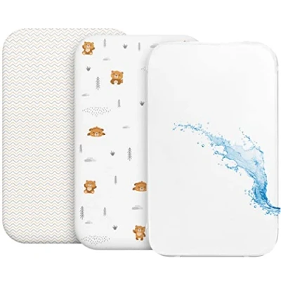 Afbeelding van Hoeslaken Cododo (Set van 2) + 1 Waterdichte Matrashoes met Elastiek 3 in Afmeting 50x83 cm Compatibel wiegjes, Baby Matras wieg Voor Meisje en Jongen Teddy Beer Patroon