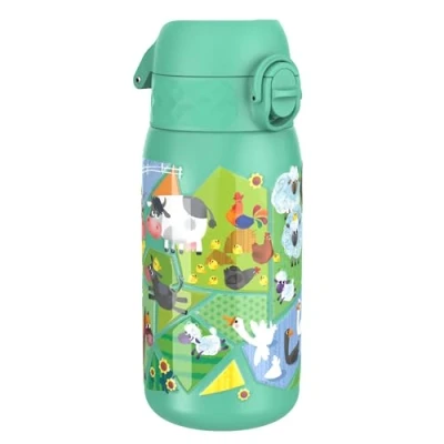 Afbeelding van ION8 Lichtgewicht Stalen Kinderwaterfles, 400 ml/13 oz, Zonder Isolatie, Lekvrij, Makkelijk te Openen, Veilige Vergrendeling, Vaatwasserbestendig, Draaggreep, Duurzaam, Boerderijdieren