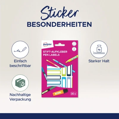 Afbeelding van AVERY Zweckform RESMI30S Naamstickers, stiften voor kinderen, 30 stuks (50 x 10 mm, papier, zelfklevende stiftstickers, beschrijfbare pennenetiketten, mini naamlabels school, kleuterschool