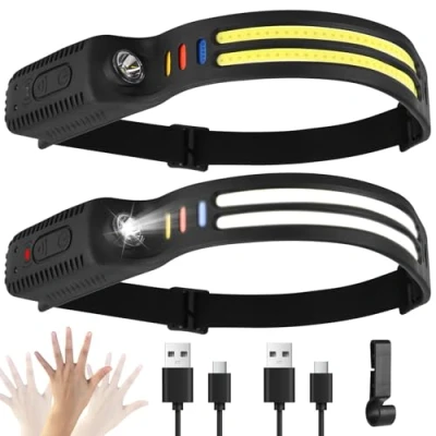 Afbeelding van Led hoofdlamp, oplaadbaar, 2 stuks, 2000 lumen, superhelder, wit, intelligente sensor, 9 lichtmodi, 4 kleuren, IPX4 waterdicht, 0,09 kg, lichtgewicht hoofdlampen voor hardlopen, kamperen, vissen