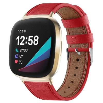 Afbeelding van Fitbit Versa 3/4 &amp; Sense 1/2 leren bandje Rood Roestvrijstale gespsluiting