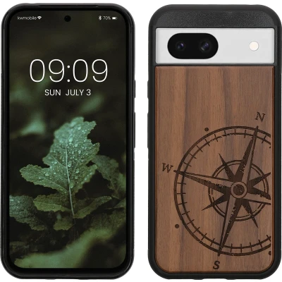 Afbeelding van kwmobile telefoonhoesje geschikt voorGoogle Pixel 8a Hoesje met bumper walnoothout In donkerbruin Vintage Kompas design
