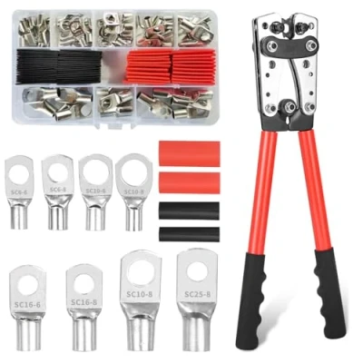 Afbeelding van Accukabelschoen, krimptang 6/10/16/25/35/50 mm², grote 10 1/0 AWG, kabelschoen, tang met 8 maten, 60 stuks koperen ringklemmen + krimpkous, rood