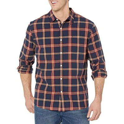 Afbeelding van Amazon Essentials Regular Fit Stretch Poplin overhemd met lange mouwen, marineblauw rood geruit, X Large