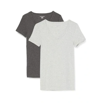 Afbeelding van Amazon Essentials Women&#039;s T shirt met korte mouwen en V hals in slanke pasvorm, Pack of 2, Houtskoolzwart/Lichtgrijs, XL