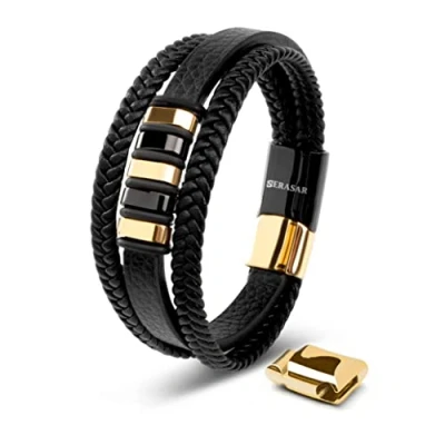Afbeelding van SERASAR Gevlochten Armband Heren [Glory] Goud/Zwart 23cm Huwelijksgeschenken voor Mannen