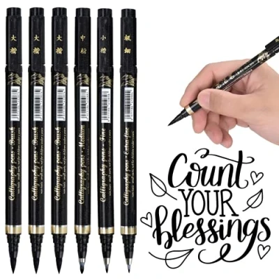 Afbeelding van DealKits 6 kalligrafiestiften, sneldrogende kalligrafiestiften met 4 maten, viltstiften, penseelstiften, zwart, handlettering, pennen voor belettering, beginners, bullet journal, dagboek, handtekening