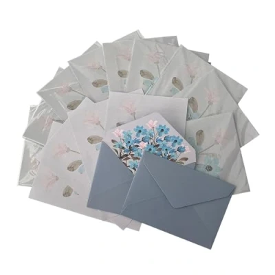 Afbeelding van CZAKOMIX 36 Delige Briefpapierset (24 Briefpapier + 12 Enveloppen), Vintage Bloemen Briefpapier, Briefschrijfpapier En Enveloppenset, Voor Bruiloften, Uitnodigingskaarten, Felicitatiekaarten(Blauw)