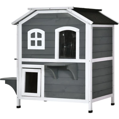 Afbeelding van PawHut Kattenhuis voor buiten kattenhut met 2 verdiepingen kattenvilla, asfaltdak, massief hout grijs D30 236