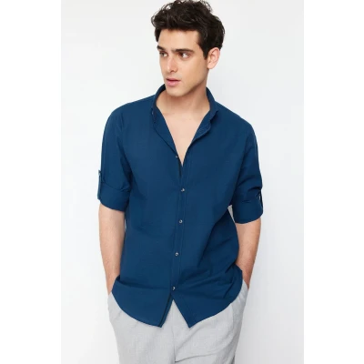 Afbeelding van Trendyol Mint Button Down Kraag Epauletten Slim Fit Lange Mouw 100% Katoen Linnen Look Overhemd Tmnss20Go0189