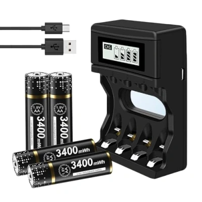 Afbeelding van Oplaadbare Batterijen AA Met Lader 4 Stuks 3000mWh 1,5V LCD Scherm Snelladers Batterijlader Sleuven Voor Li ion Mignon AA, Micro AAA
