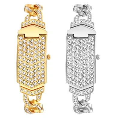 Afbeelding van JewelryWe Prachtige Bling Horloge Voor Vrouwen Mode Strass Armband Strap Dames Analoge Quartz Jurk Horloges, 2 stuks, Modern