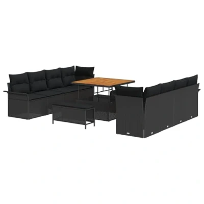 Afbeelding van vidaXL 11 delige Tuin Sofa Set met Kussens Zwart Poly Rattan Acacia