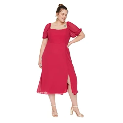 Afbeelding van Trendyol Vrouwen Vrouw Midi A lijn Regular Fit Geweven Plus Size Jurk, Fuchsia, 70 grote maten