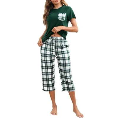 Afbeelding van Reliwel Pyjama voor dames, katoen, pyjamaset kort, geruit, Pijama met korte mouwen en 3/4 broek, nachtkleding, zacht, comfortabel, 2 delig, S XXL, Donkergroen, M