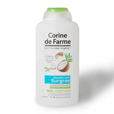 Afbeelding van Corine de Farme Survet verzorgende douchegel met kokosextract voedende verzorging formule 100% Clean Beauty ontwikkeld, geproduceerd en verpakt in Frankrijk 300 ml