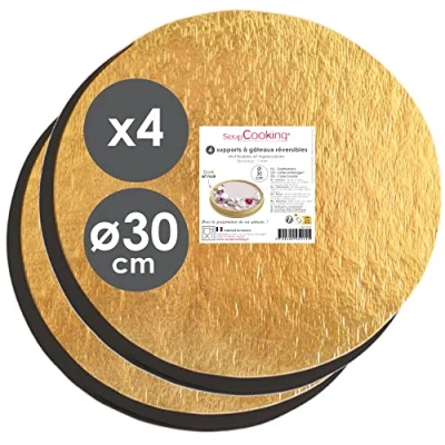 Afbeelding van ScrapCooking 5215 Set met 4 ronde taartplaten Ø 30 cm karton omkeerbaar goud &amp; zwart grote taartplaat XXL taartonderzetters sokkel cakebord gemaakt in Frankrijk