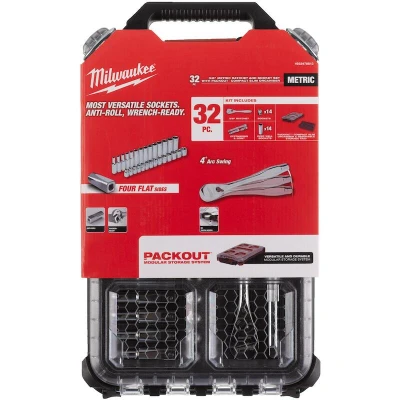 Afbeelding van Milwaukee Accessoires Metrische 3/8&quot; ratel + doppen set (32 delig) in PACKOUT compact slim organiser 4932478813