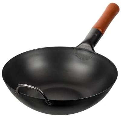 Afbeelding van YOSUKATA Koolstofstalen Wokpan en Roerbakpannen 30 cm Voorbehandelde Wok met Platte Bodem Pow Inductie Traditionele Chinese Past bij Gas, Inductie, Elektrisch Open Vuur