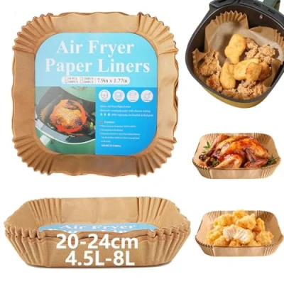 Afbeelding van 100 stuks bakpapier voor heteluchtfriteuse, airfryer bakpapier, pure houtpulp, aan beide zijden siliconen gecoat, oliebestendig en anti aanbaklaag, airfryer, oven magnetron (20 x 20 4,5 cm)