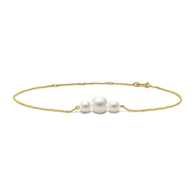 Afbeelding van Miore 14kt 585 geelgouden armband voor dames met 3 witte zoetwaterparels 6,5 mm, verstelbare kettinglengte 22 cm geleverd in sieradendoosje, cm, Goud, Parel