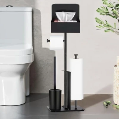 Afbeelding van GUIGUZI Toiletpapierhouder Staand met WC borstel, Roestvrij staal zwart Toiletrolhouder vochtige doekjesbox, papierhouder voor keuken en badkamer