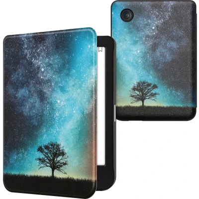 Afbeelding van kwmobile e reader hoesje compatibel met Kobo Clara BW/Colour Magneetsluiting Ereader case Sterrenstelsel en Boom in blauw/grijs/zwart